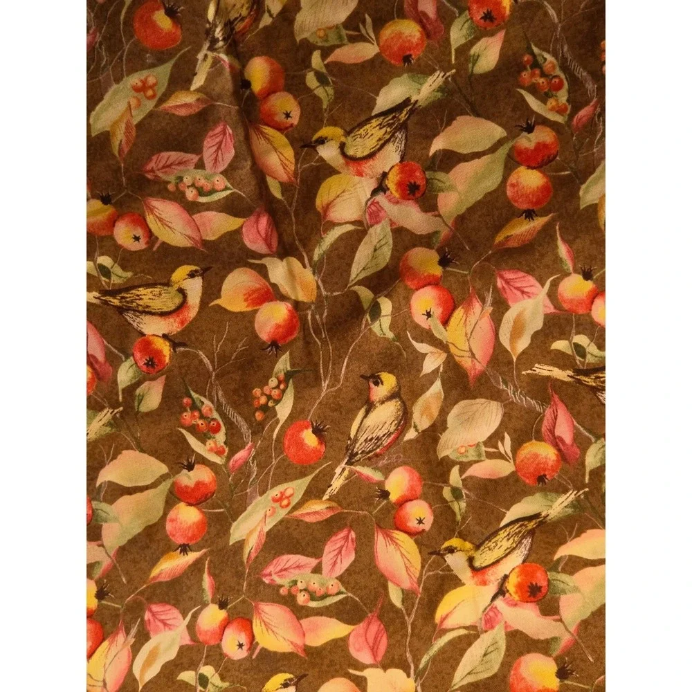 2 Vintage Autumn Bird and Berry Print Cloth Napkins Brown Fall Table Linens